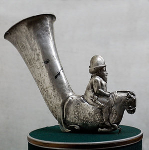 Silver rhyton of Achaemenid era found in 1968 at the foot of the hill Arin Berd.Their combining elements of eastern, Greek and Urartu art confirms the influence of Urartu art on the nearby countries.