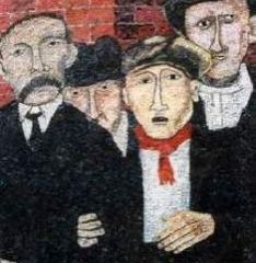 Οι άδικα δολοφονημένοι Σάκκο και Βαντσέτι - λεπτομέρεια από μωσαϊκό σε τοίχο του Syracuse University, Νέα Υόρκη