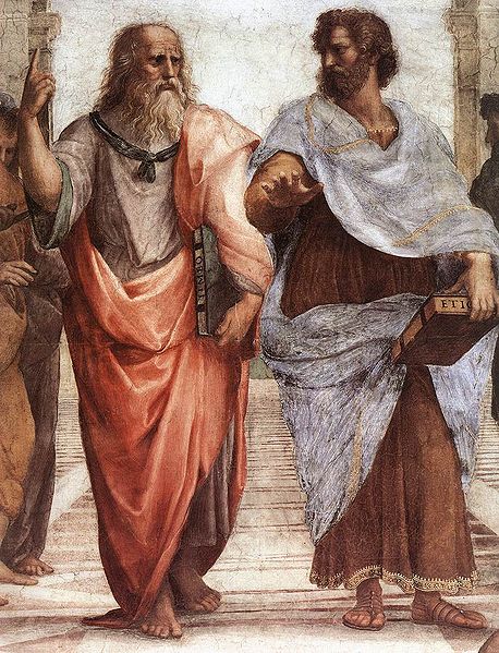 O Πλάτωνας (αριστερά) και ο Αριστοτέλης (δεξιά), λεπτομέρεια της Σχολής των Αθηνών του Ραφαήλ