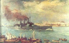 Painting depicting the Greek armoured cruiser "Georgios Averof" in the Bosporus in 1919. Hagia Sophia, Constantinople in the background