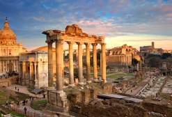 The Roman Forum is surrounded by the ruins of several important ancient government buildings at the center of the city of Rome