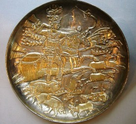 Hunting scene on a gilded silver bowl showing king Khosrau I. After Kavadh I, his son Khosrau I, also known as Anushirvan ("with the immortal soul" ruled 531–579), ascended to the throne. He is the most celebrated of the Sassanid rulers.